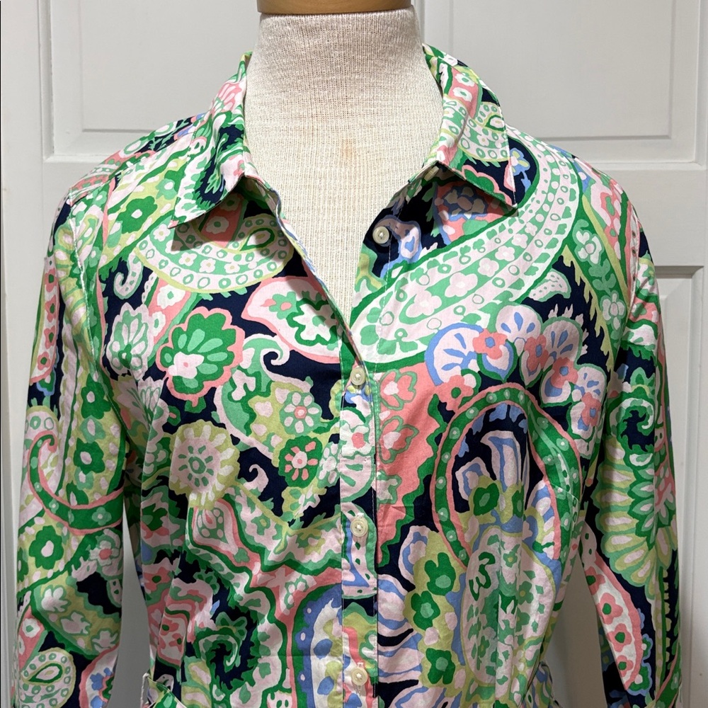Talbots sz 14 preppy pink green and white patterned button front shirt dress - Picture 2 of 8